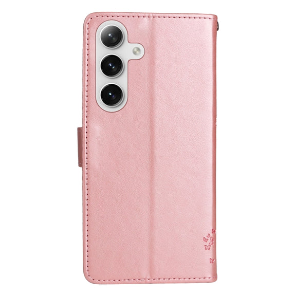 For Samsung Galaxy S25+ / S24+ 5G Tree & Cat Embossed Pattern Flip Leather Phone Case(Rose Gold)