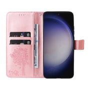 For Samsung Galaxy S25+ / S24+ 5G Tree & Cat Embossed Pattern Flip Leather Phone Case(Rose Gold)