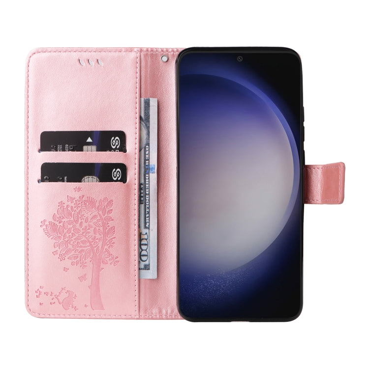 For Samsung Galaxy S25+ / S24+ 5G Tree & Cat Embossed Pattern Flip Leather Phone Case(Rose Gold)