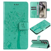 For Samsung Galaxy S25 Ultra 5G Tree & Cat Embossed Pattern Flip Leather Phone Case(Green)