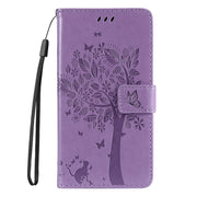 For Samsung Galaxy S25 Ultra 5G Tree & Cat Embossed Pattern Flip Leather Phone Case(Light Purple)
