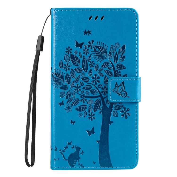 For Samsung Galaxy S25 Ultra 5G Tree & Cat Embossed Pattern Flip Leather Phone Case(Blue)