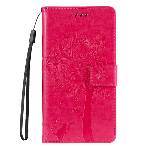 For Samsung Galaxy S25 Ultra 5G Tree & Cat Embossed Pattern Flip Leather Phone Case(Rose Red)