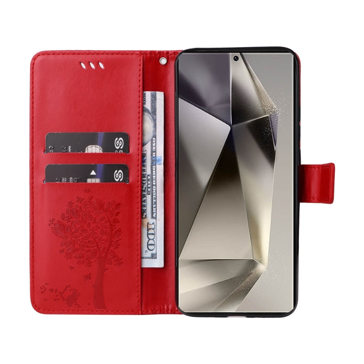 For Samsung Galaxy S25 Ultra 5G Tree & Cat Embossed Pattern Flip Leather Phone Case(Red) - Galaxy S25 Ultra 5G Cases by PMC Jewellery | Online Shopping South Africa | PMC Jewellery | Buy Now Pay Later Mobicred