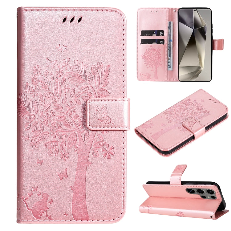 For Samsung Galaxy S25 Ultra 5G Tree & Cat Embossed Pattern Flip Leather Phone Case(Rose Gold) - Galaxy S25 Ultra 5G Cases by PMC TechLife | Online Shopping South Africa | PMC TechLife | Buy Now Pay Later Mobicred