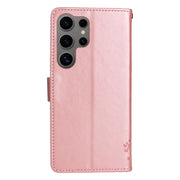 For Samsung Galaxy S25 Ultra 5G Tree & Cat Embossed Pattern Flip Leather Phone Case(Rose Gold)
