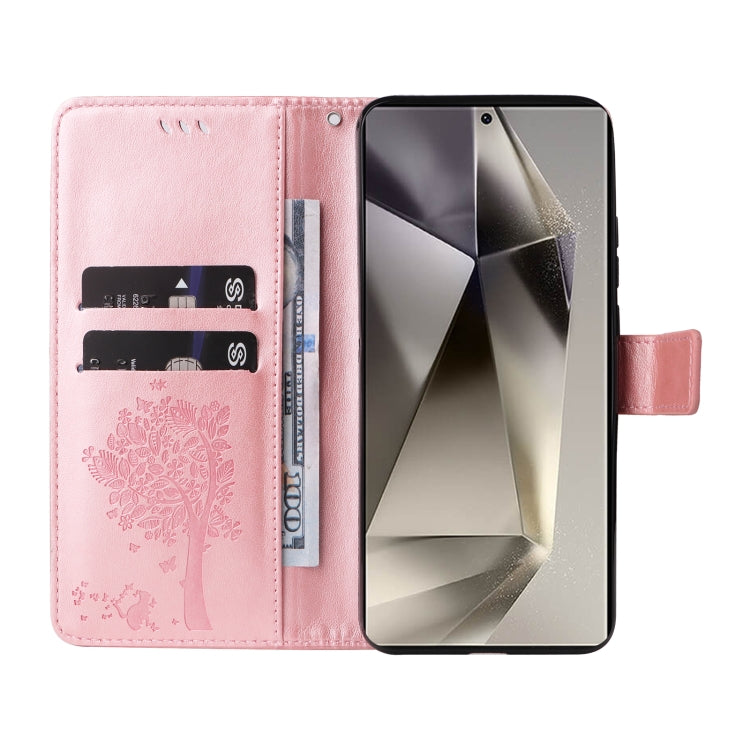 For Samsung Galaxy S25 Ultra 5G Tree & Cat Embossed Pattern Flip Leather Phone Case(Rose Gold) - Galaxy S25 Ultra 5G Cases by PMC TechLife | Online Shopping South Africa | PMC TechLife | Buy Now Pay Later Mobicred