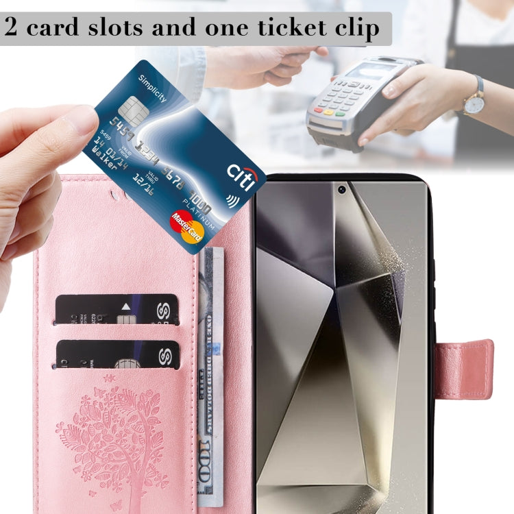 For Samsung Galaxy S25 Ultra 5G Tree & Cat Embossed Pattern Flip Leather Phone Case(Rose Gold) - Galaxy S25 Ultra 5G Cases by PMC TechLife | Online Shopping South Africa | PMC TechLife | Buy Now Pay Later Mobicred