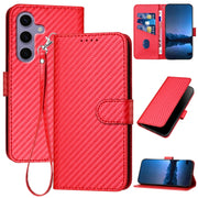 For Samsung Galaxy S25 5G YX0070 Carbon Fiber Buckle Leather Phone Case with Lanyard(Red)
