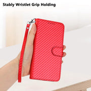 For Samsung Galaxy S25 5G YX0070 Carbon Fiber Buckle Leather Phone Case with Lanyard(Red)