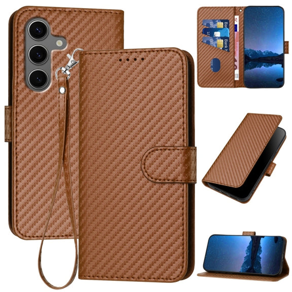 For Samsung Galaxy S25+ 5G YX0070 Carbon Fiber Buckle Leather Phone Case with Lanyard(Coffee)