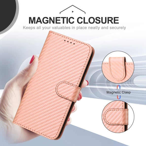 For Samsung Galaxy S25 Ultra 5G YX0070 Carbon Fiber Buckle Leather Phone Case with Lanyard(Pink)