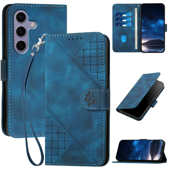 For Samsung Galaxy S25 5G Grid Butterfly Embossed Pattern Leather Phone Case with Lanyard(Dark Blue)