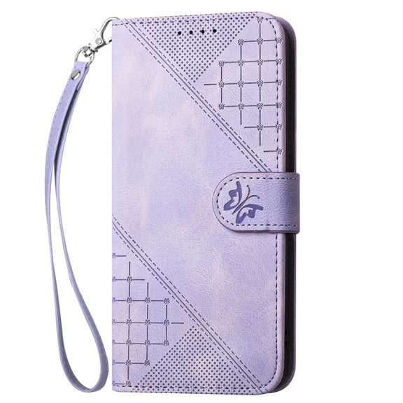 For Samsung Galaxy S25 5G YX0080 Grid Butterfly Embossed Pattern Flip Leather Phone Case with Lanyard(Light Purple)