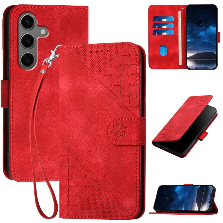 For Samsung Galaxy S25+ 5G YX0080 Grid Butterfly Embossed Pattern Flip Leather Phone Case with Lanyard(Red) - Galaxy S25+ 5G Cases by PMC TechLife | Online Shopping South Africa | PMC TechLife | Buy Now Pay Later Mobicred