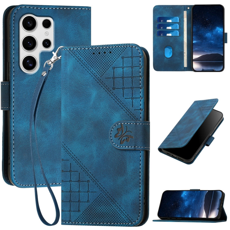 For Samsung Galaxy S25 Ultra 5G YX0080 Grid Butterfly Embossed Pattern Flip Leather Phone Case with Lanyard(Dark Blue) - Galaxy S25 Ultra 5G Cases by PMC TechLife | Online Shopping South Africa | PMC TechLife | Buy Now Pay Later Mobicred