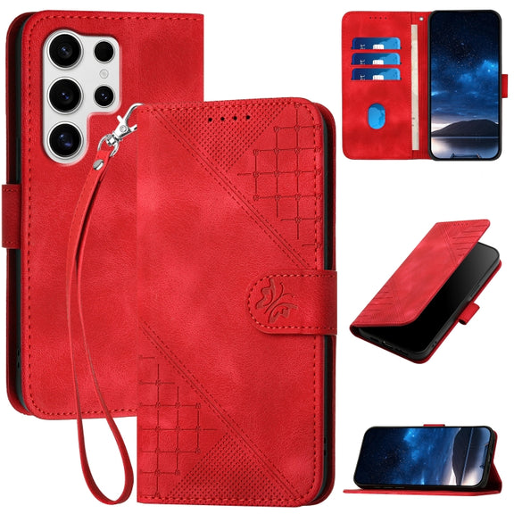 For Samsung Galaxy S25 Ultra 5G YX0080 Grid Butterfly Embossed Pattern Flip Leather Phone Case with Lanyard(Red)