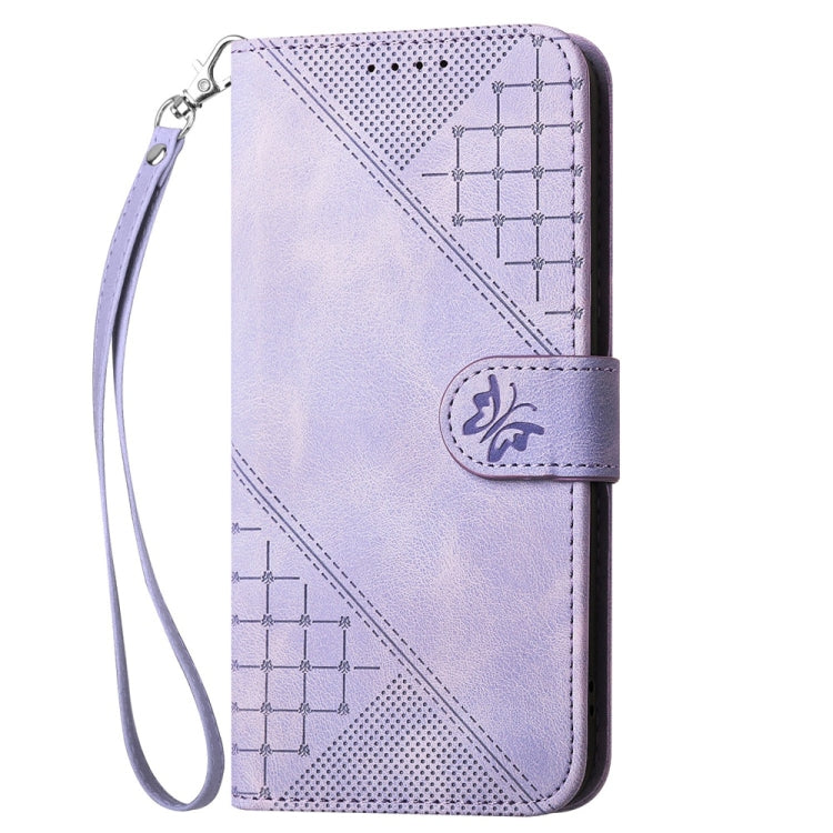 For Samsung Galaxy S25 Ultra 5G Grid Butterfly Embossed Pattern Leather Phone Case with Lanyard(Light Purple)