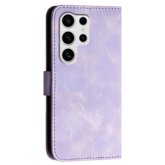 For Samsung Galaxy S25 Ultra 5G Grid Butterfly Embossed Pattern Leather Phone Case with Lanyard(Light Purple)