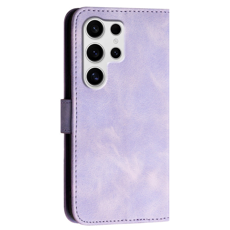For Samsung Galaxy S25 Ultra 5G Grid Butterfly Embossed Pattern Leather Phone Case with Lanyard(Light Purple)