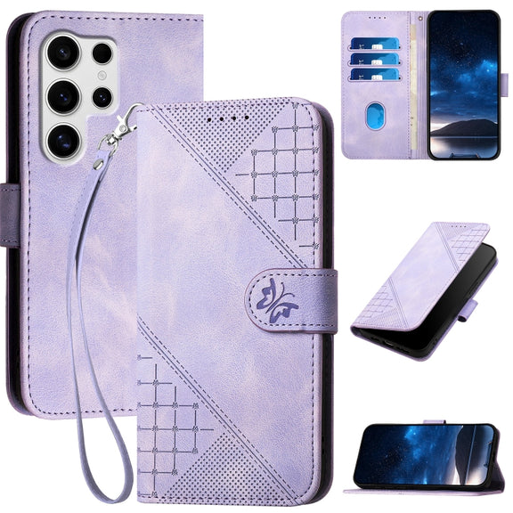For Samsung Galaxy S25 Ultra 5G Grid Butterfly Embossed Pattern Leather Phone Case with Lanyard(Light Purple)