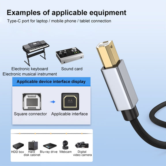 2 in 1 Type-C and 8 Pin to USB-B MIDI Instruments Printer Cable, Length: 1m, Length:1m(Black)