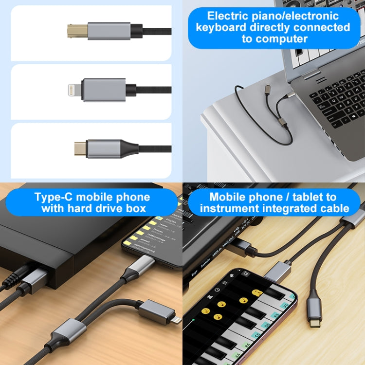 2 in 1 Type-C and 8 Pin to USB-B MIDI Instruments Printer Cable, Length: 1m, Length:1m(Black)