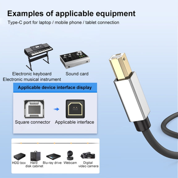 2 in 1 Type-C and USB-A to USB-B MIDI Instruments Printer Cable, Length: 1m, Length:1m(White)