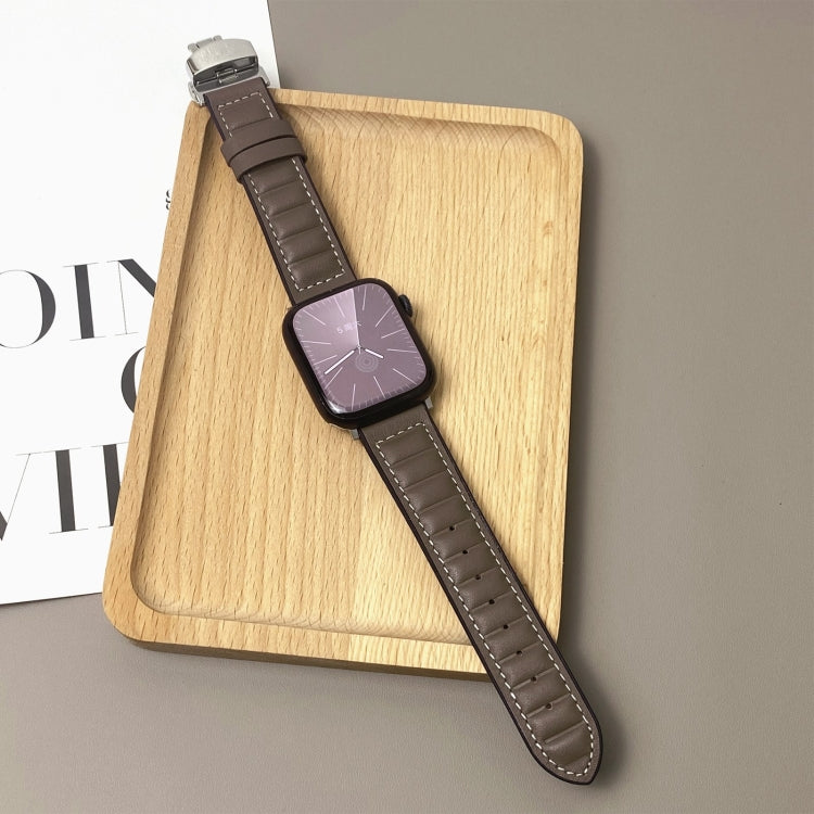 For Apple Watch 46mm / 49mm / 45mm / 44mm Striations Genuine Leather Butterfly Buckle Watch Band(Brown) - Watch Bands by PMc TechLife | Online Shopping South Africa | PMc TechLife | Buy Now Pay Later Mobicred