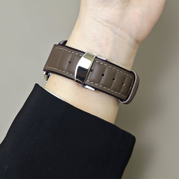 For Apple Watch 46mm / 49mm / 45mm / 44mm Striations Genuine Leather Butterfly Buckle Watch Band(Brown)