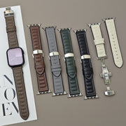 For Apple Watch 46mm / 49mm / 45mm / 44mm Striations Genuine Leather Butterfly Buckle Watch Band(Brown)