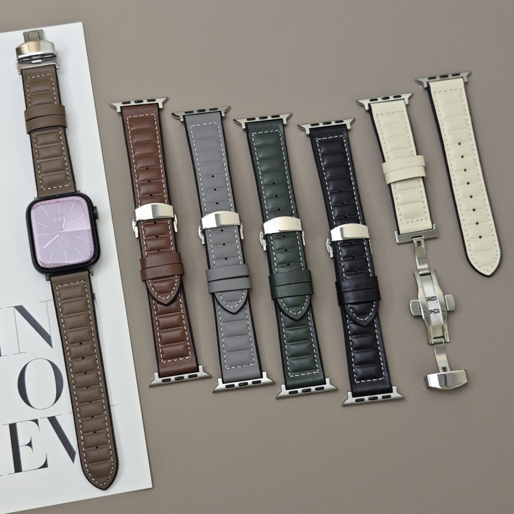 For Apple Watch 46mm / 49mm / 45mm / 44mm Striations Genuine Leather Butterfly Buckle Watch Band(Brown)