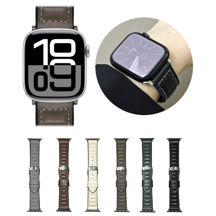 For Apple Watch 46mm / 49mm / 45mm / 44mm Striations Genuine Leather Butterfly Buckle Watch Band(Brown)