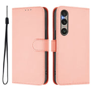 For Sony Xperia 1 VI 2024 Skin Feel Solid Color Leather Phone Case with Lanyard(Pink)