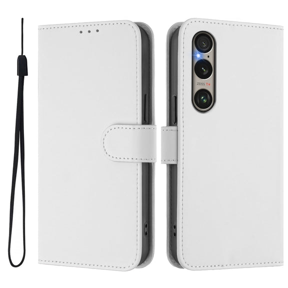 For Sony Xperia 1 VI 2024 Skin Feel Solid Color Leather Phone Case with Lanyard(White)