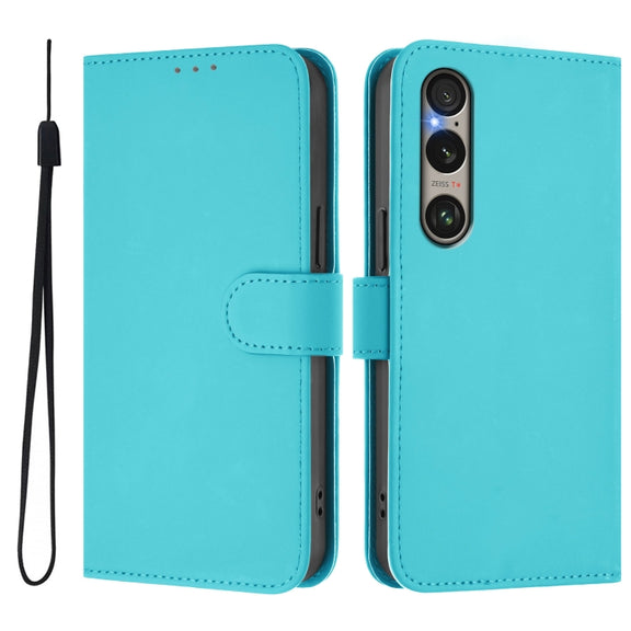 For Sony Xperia 1 VI 2024 Skin Feel Solid Color Leather Phone Case with Lanyard(Lake Blue)