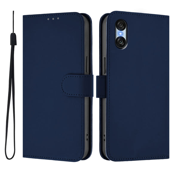 For Sony Xperia 10 VI 2024 Skin Feel Solid Color Leather Phone Case with Lanyard(Navy Blue)