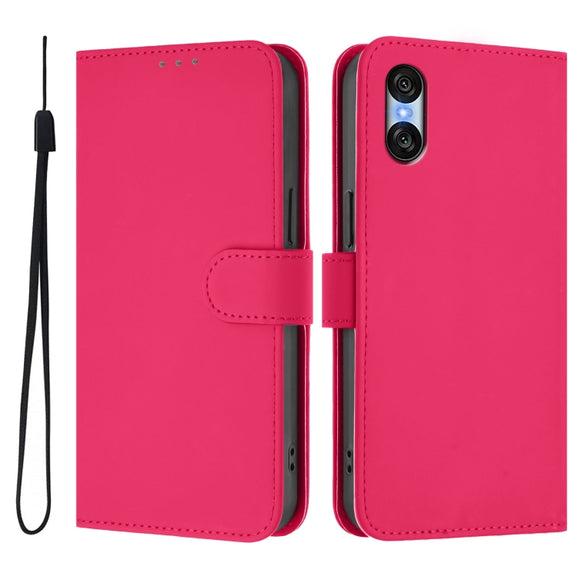 For Sony Xperia 10 VI 2024 Skin Feel Solid Color Leather Phone Case with Lanyard(Rose Red)