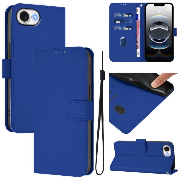 For iPhone 16e Skin Feel Solid Color Leather Phone Case with Lanyard(Dark Blue) - iPhone 16e Cases by PMC TechLife | Online Shopping South Africa | PMC TechLife | Buy Now Pay Later Mobicred