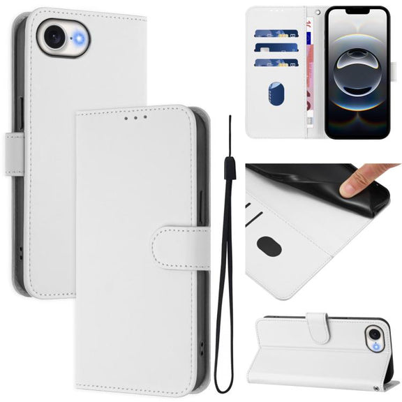 For iPhone 16e Skin Feel Solid Color Leather Phone Case with Lanyard(White)