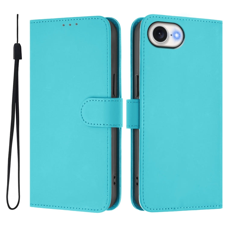 For iPhone 16e Skin Feel Solid Color Leather Phone Case with Lanyard(Lake Blue) - iPhone 16e Cases by PMC TechLife | Online Shopping South Africa | PMC TechLife | Buy Now Pay Later Mobicred