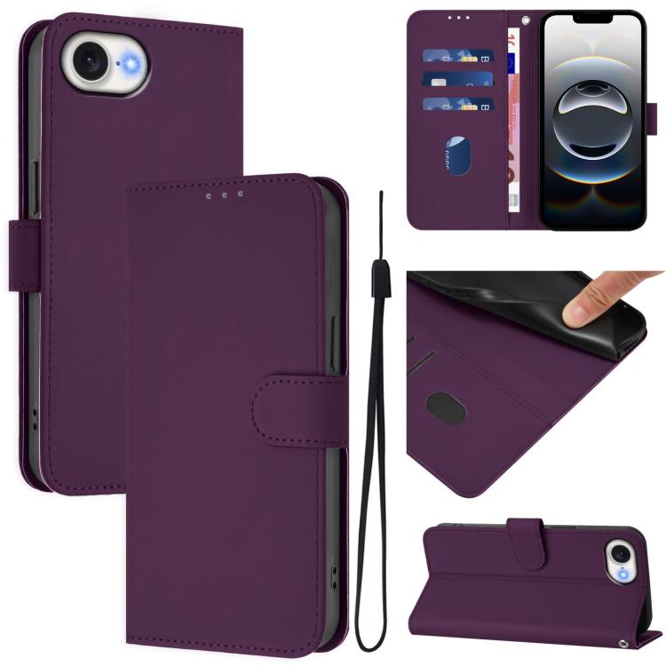 For iPhone 16e Skin Feel Solid Color Leather Phone Case with Lanyard(Violet) - iPhone 16e Cases by PMC TechLife | Online Shopping South Africa | PMC TechLife | Buy Now Pay Later Mobicred