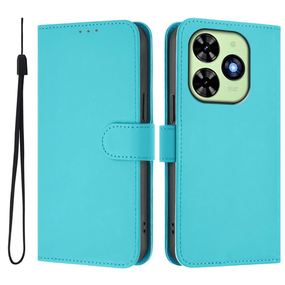 For Tecno Spark Go 2024 4G Skin Feel Solid Color Leather Phone Case with Lanyard(Lake Blue)