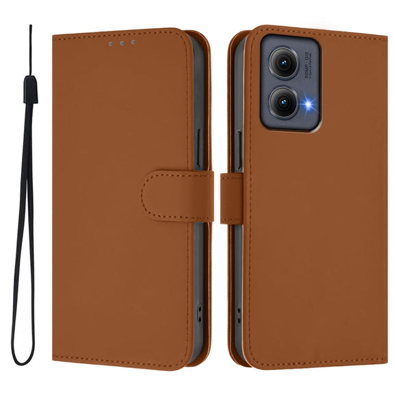 For Motorola Edge 5G 2024 Skin Feel Solid Color Leather Phone Case with Lanyard(Brown)