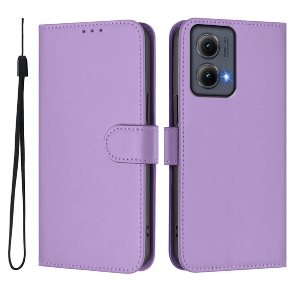 For Motorola Edge 5G 2024 Skin Feel Solid Color Leather Phone Case with Lanyard(Lavender Purple)