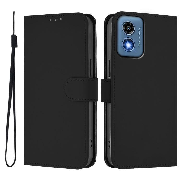 For Motorola Moto G Play 5G 2024 Global Skin Feel Solid Color Leather Phone Case with Lanyard(Black)
