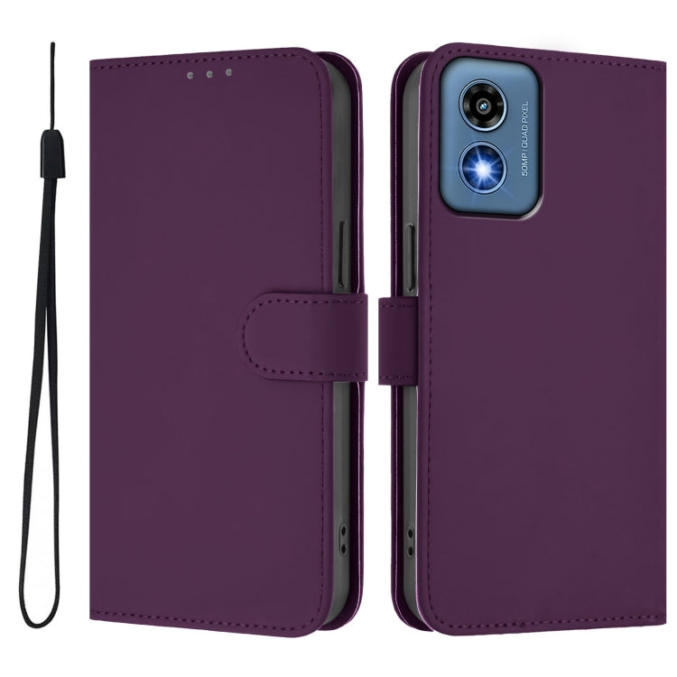 For Motorola Moto G Play 5G 2024 Global Skin Feel Solid Color Leather Phone Case with Lanyard(Violet)