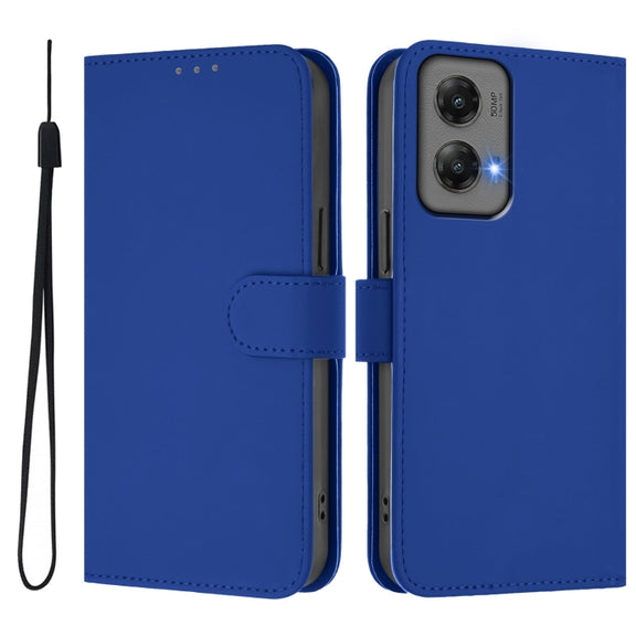For Motorola Moto G Stylus 5G 2024 Skin Feel Solid Color Leather Phone Case with Lanyard(Dark Blue)