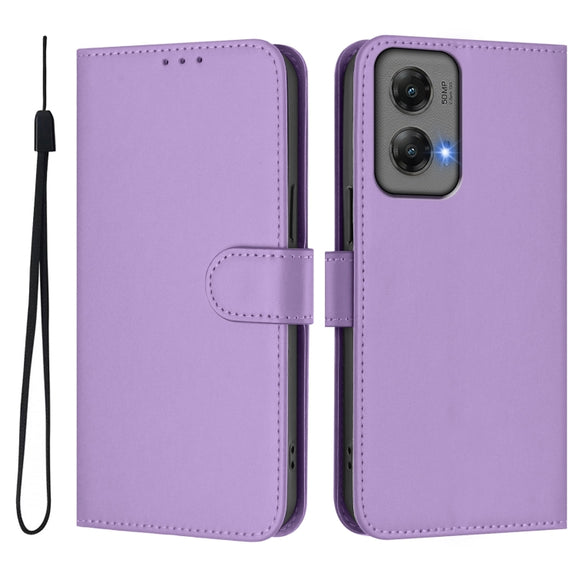 For Motorola Moto G Stylus 5G 2024 Skin Feel Solid Color Leather Phone Case with Lanyard(Lavender Purple)