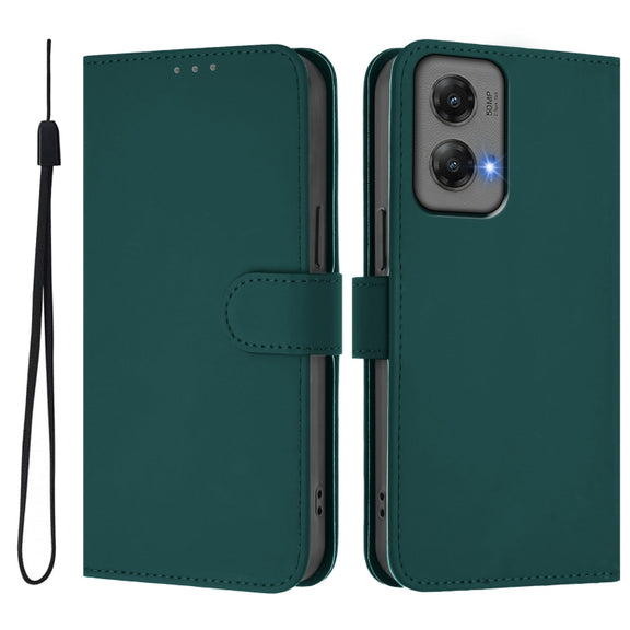 For Motorola Moto G Stylus 5G 2024 Skin Feel Solid Color Leather Phone Case with Lanyard(Dark Green)